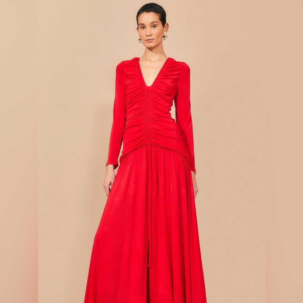 FARM Rio Red Long Sleeve Ruched Midi Dress - Picture 3 of 12